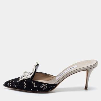 Pre Owned Manolo Blahnik Black/Grey Laser Cut Suede and Satin Borli Mules Size 37