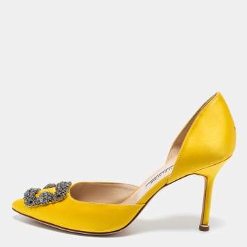 Pre Owned Manolo Blahnik Yellow Satin Hangisi  Pumps Size 39.5 