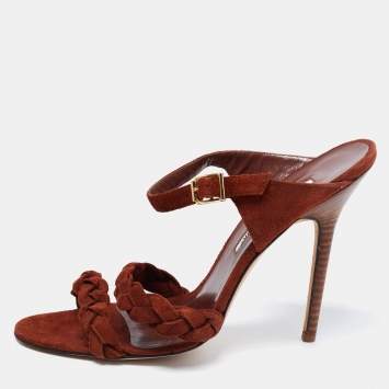 Pre Owned Manolo Blahnik Brown Braided Suede Open-Toe Sandals Size 41