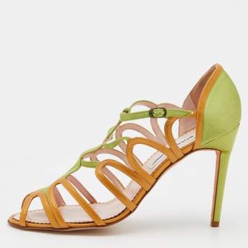 Pre Owned Manolo Blahnik Green/Gold Satin And Leather Cut Out Strappy Sandals Size 41
