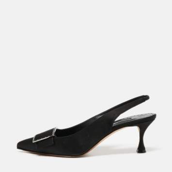 Pre Owned Manolo Blahnik Black Satin Pointed Toe Slingback Pumps Size 38