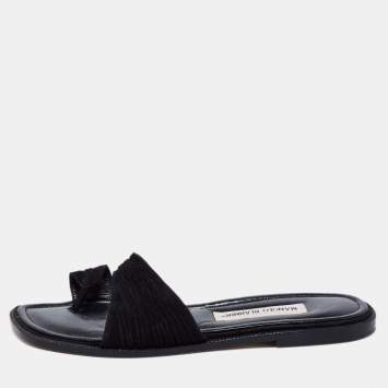 Pre Owned Manolo Blahnik Black Pleated Suede Toe Ring Flat Slides Size 38.5