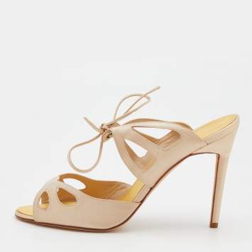 Pre Owned Manolo Blahnik Beige Satin Cut Out Lace Up Mules Size 41