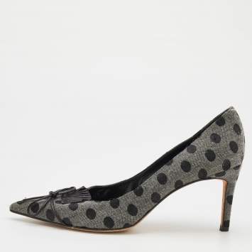 Pre Owned Manolo Blahnik Grey/Black Polka Dot Denim and Leather Pointed Toe Pumps Size 40.5