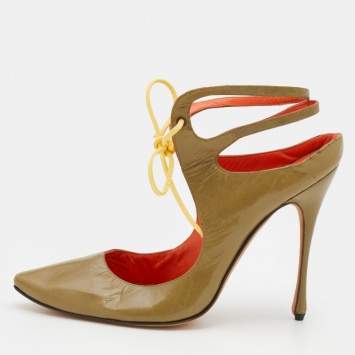 Pre Owned Manolo Blahnik Olive Green Leather Cut Out Lace Up Pumps Size 41