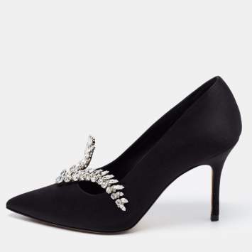 Pre Owned Manolo Blahnik Black Satin Nadira Pumps Size 38