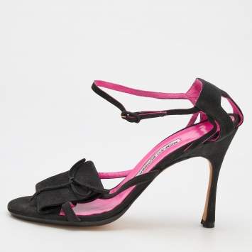 Pre Owned Manolo Blahnik Black Nubuck Leather Ankle Strap Sandals Size 40.5