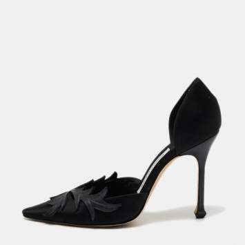 Pre Owned Manolo Blahnik Black Satin Embroidered Pointed Toe Pumps Size 40