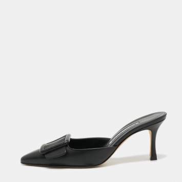 Pre Owned Manolo Blahnik Black Leather Maysale Mules Size 37