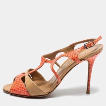 Pre Owned Manolo Blahnik Pink/Beige Snakeskin and Leather Slingback Sandals Size 36.5