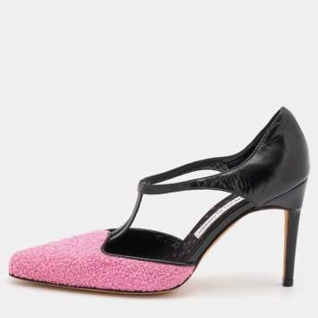 Pre Owned Manolo Blahnik Pink/Black Fabric and Leather T-Strap Pumps Size 38