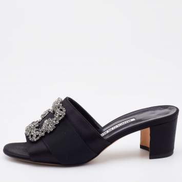 Pre Owned Manolo Blahnik Black Satin Martamod Crystal Embellished Mules Size 37