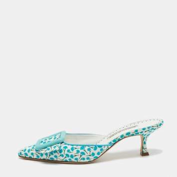 Pre Owned Manolo Blahnik White/Blue Printed Fabric Maysale Mules Size 38