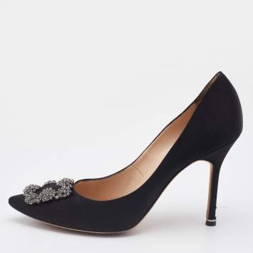 Pre Owned Manolo Blahnik Black Satin Hangisi Crystal Embellished Pumps Size 40