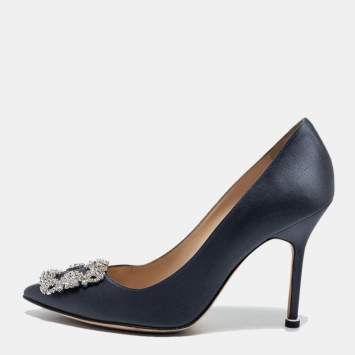 Pre Owned Manolo Blahnik Grey Satin Hangisi  Pumps Size 37.5