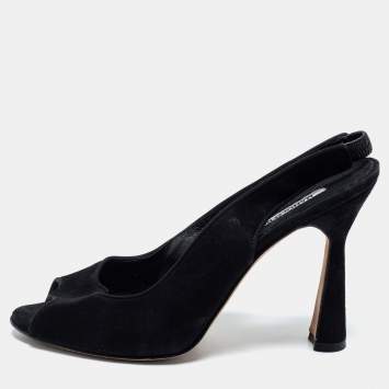 مملوكة مسبقًا Manolo Blahnik Black  Suede Slingback Peep Toe Pumps Size 37