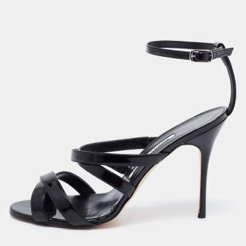 Pre Owned Manolo Blahnik Black Patent Leather Cross Strap Open Toe Sandals Size 38.5