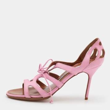 Pre Owned Manolo Blahnik Pink Leather Strappy Ankle Tie Sandals Size 36.5