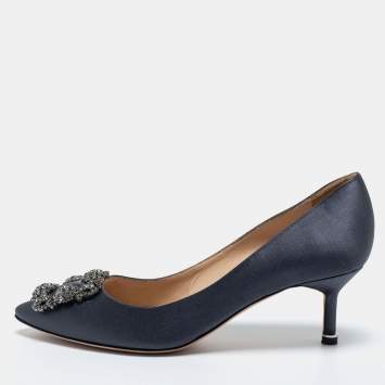 Pre Owned Manolo Blahnik Dark Grey Satin Hangisi Pumps Size 36.5