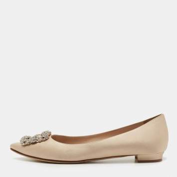 Pre Owned Manolo Blahnik Beige Satin Hangisi Ballet Flats Size 38.5 