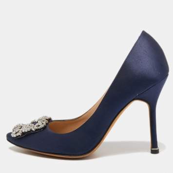 Pre Owned Manolo Blahnik Navy Blue Satin Hangisi Pumps Size 36