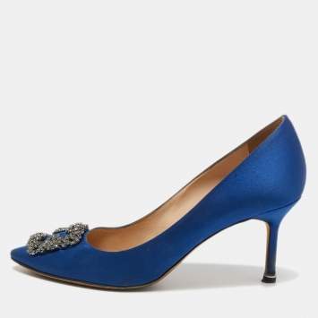 Pre Owned Manolo Blahnik Blue Satin Hangisi Pumps Size 39.5