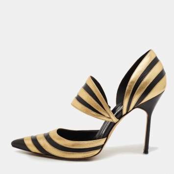 Pre Owned Manolo Blahnik Black/Gold Leather Dorsay Pumps Size 39.5