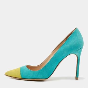 Pre Owned Manolo Blahnik Turquoise/Yellow Suede Bipunta Pumps Size 37.5