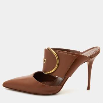 Pre Owned Manolo Blahnik Brown Leather Buckle Detail Pointed Toe Mules Size 36