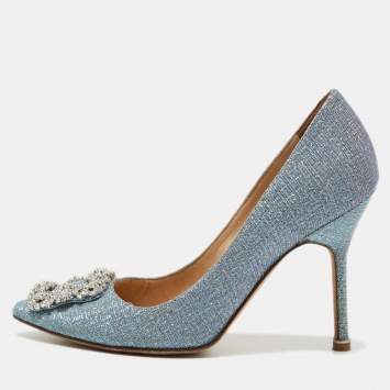 Pre Owned Manolo Blahnik Blue Lurex Fabric Hangisi Pumps Size 36.5