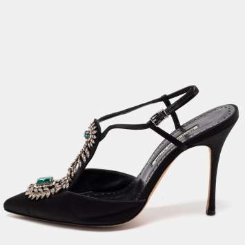 Pre Owned Manolo Blahnik Black Satin Jamala Crystal Embellished Ankle Strap Sandals Size 39