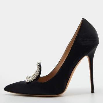 Pre Owned Manolo Blahnik Black Satin Borlak Crystal Embellished Pointed Toe Pumps Size 38
