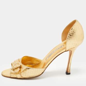 Pre Owned Manolo Blahnik Gold Python Embossed Buckle Open Toe Pumps Size 39