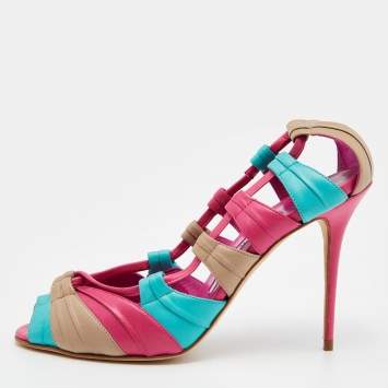Pre Owned Manolo Blahnik Tri Color Leather Natuk Peep Toe Sandals Size 38.5