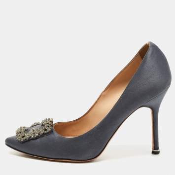 Pre Owned Manolo Blahnik Dark Grey Satin Hangisi Pumps Size 38
