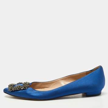 مملوكة مسبقًا Manolo Blahnik Blue Satin Hangisi Crystals Ballet Flats Size 35.5
