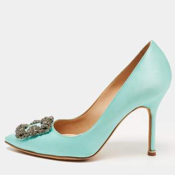 Pre Owned Manolo Blahnik Turquoise Satin Hangisi Pumps Size 36
