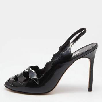 Pre Owned Manolo Blahnik Black Patent Leather Cut Out Slingback Sandals Size 38
