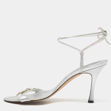 Pre Owned Manolo Blahnik Silver Foil Leather Crystal Embellished Ankle Wrap Sandals Size 39