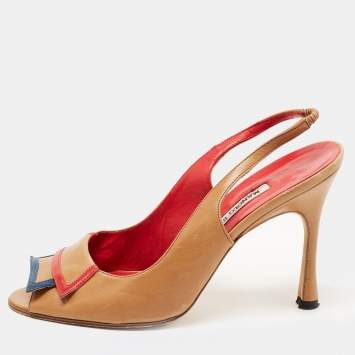 Pre Owned Manolo Blahnik Brown Leather Peep Toe Slingback Sandals Size 38