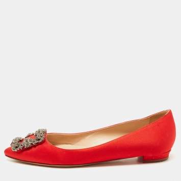 Pre Owned Manolo Blahnik Red Satin Hangisi Ballet Flats Size 35.5