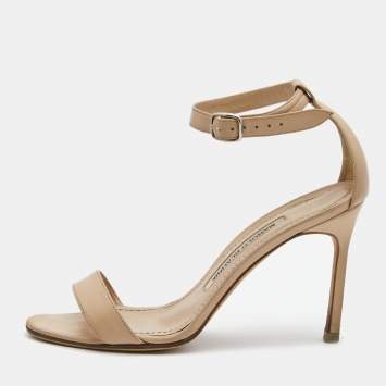 Pre Owned Manolo Blahnik Beige Leather Ankle Strap Sandals Size 35