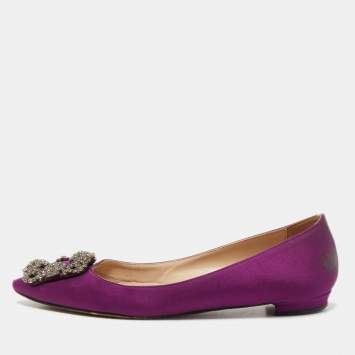 Pre Owned Manolo Blahnik Purple Satin Hangisi Ballet Flats Size 35