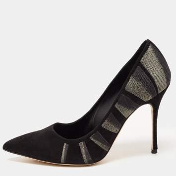 Pre Owned Manolo Blahnik Black/Grey Suede Embroidered BB Pumps Size 36.5
