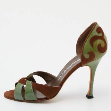 Pre Owned Manolo Blahnik Green/Brown Patent Leather and Suede Palmata D'orsay Pumps Size 36.5