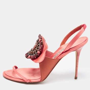 Pre Owned Manolo Blahnik Pink/Brown Satin Crystal Embellished Ankle Strap Sandals Size 37.5