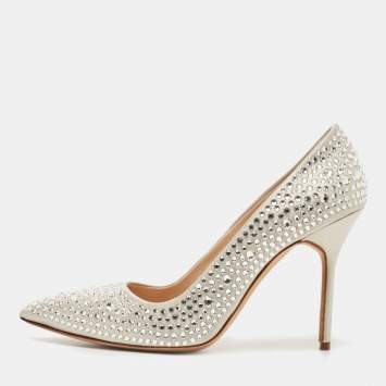 Pre Owned Manolo Blahnik Grey Satin Crystal Embellished BB Pointed Toe Pumps Size 39