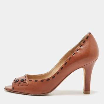 Pre Owned Manolo Blahnik Brown Leather Stitch Detail Open Toe Pumps Size 37