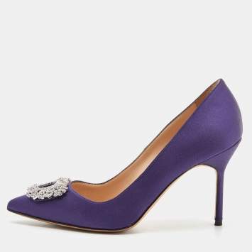 Pre Owned Manolo Blahnik Purple Satin Hangisi Crystal Embellished Pumps Size 36