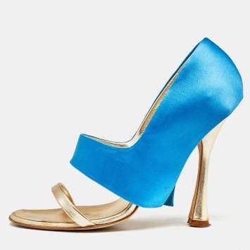 Pre Owned Manolo Blahnik Blue/Gold Satin and Leather Open Toe Sandals Size 39.5